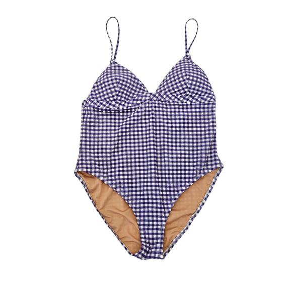 J.Crew Plunge One Piece Gingham Swimsuit Size 18 Purple & White Seersucker - Picture 5 of 14